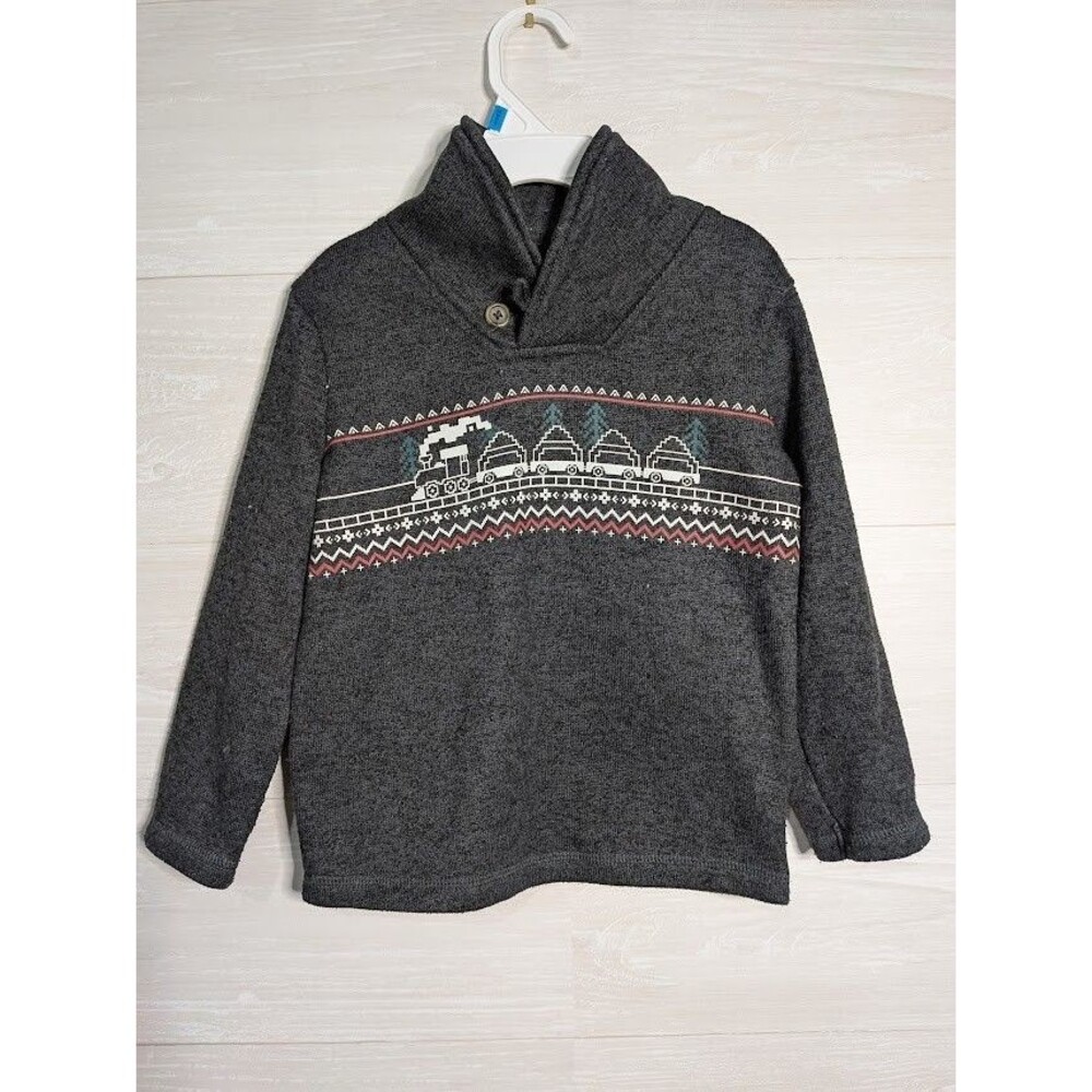 Jumping Beans Boys 5T Gray Train Sweater Mock Neck Pullover Fair Isle Winter